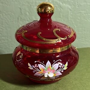 Vintage Bohemian Czech Ruby Red Cased Glass Jar Hand Painted Enamel 24K Gold